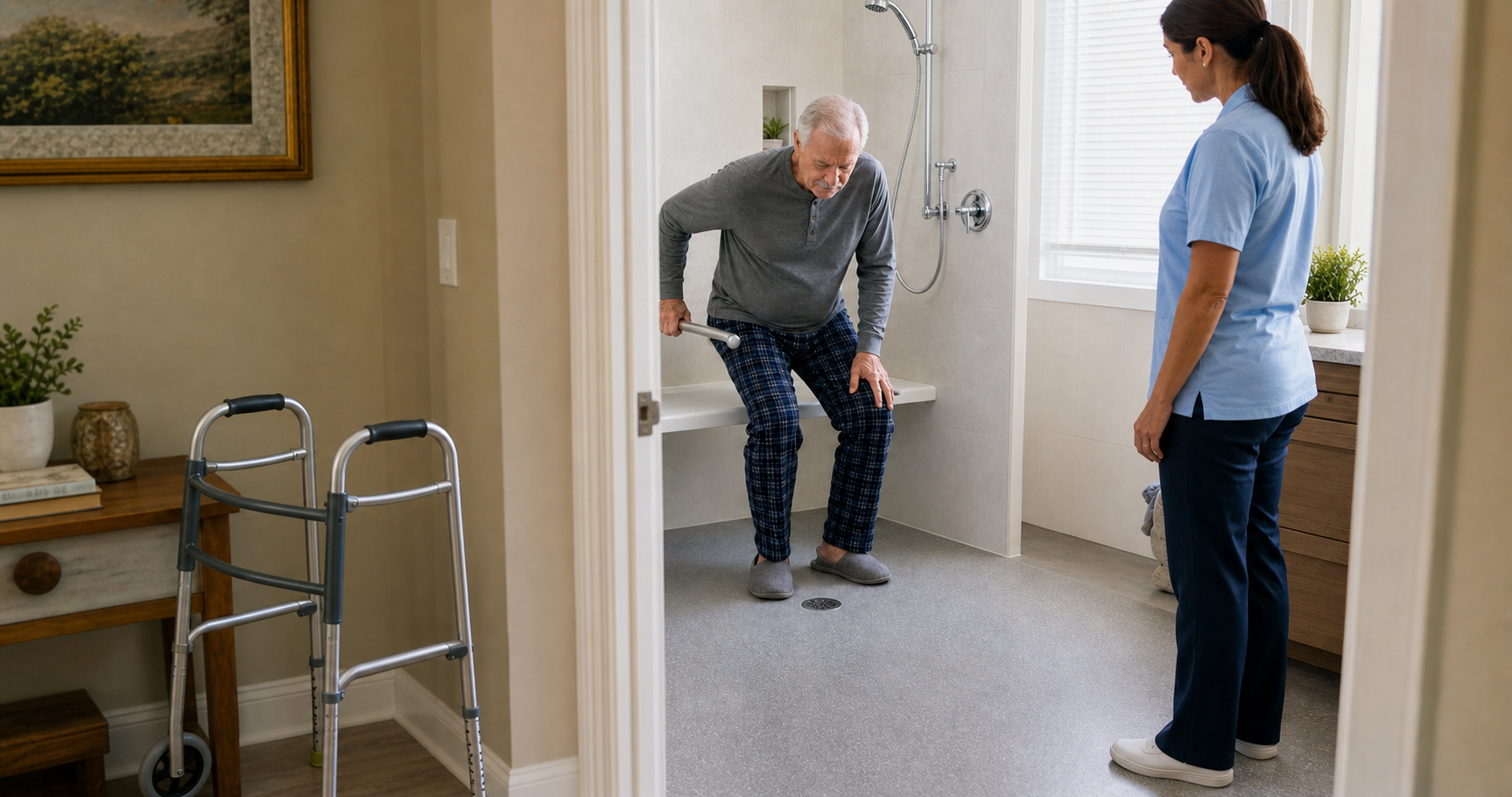 A home-care professional observes an older man practicing a safe transfer from a shower bench in an adapted bathroom.