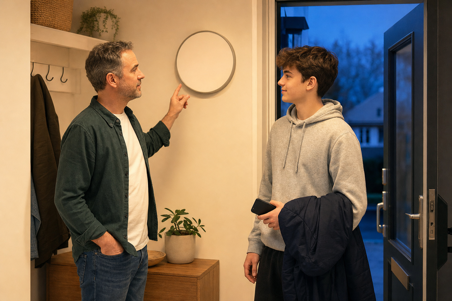 A parent and teenager discuss expectations in an entryway before the teen leaves for the evening.