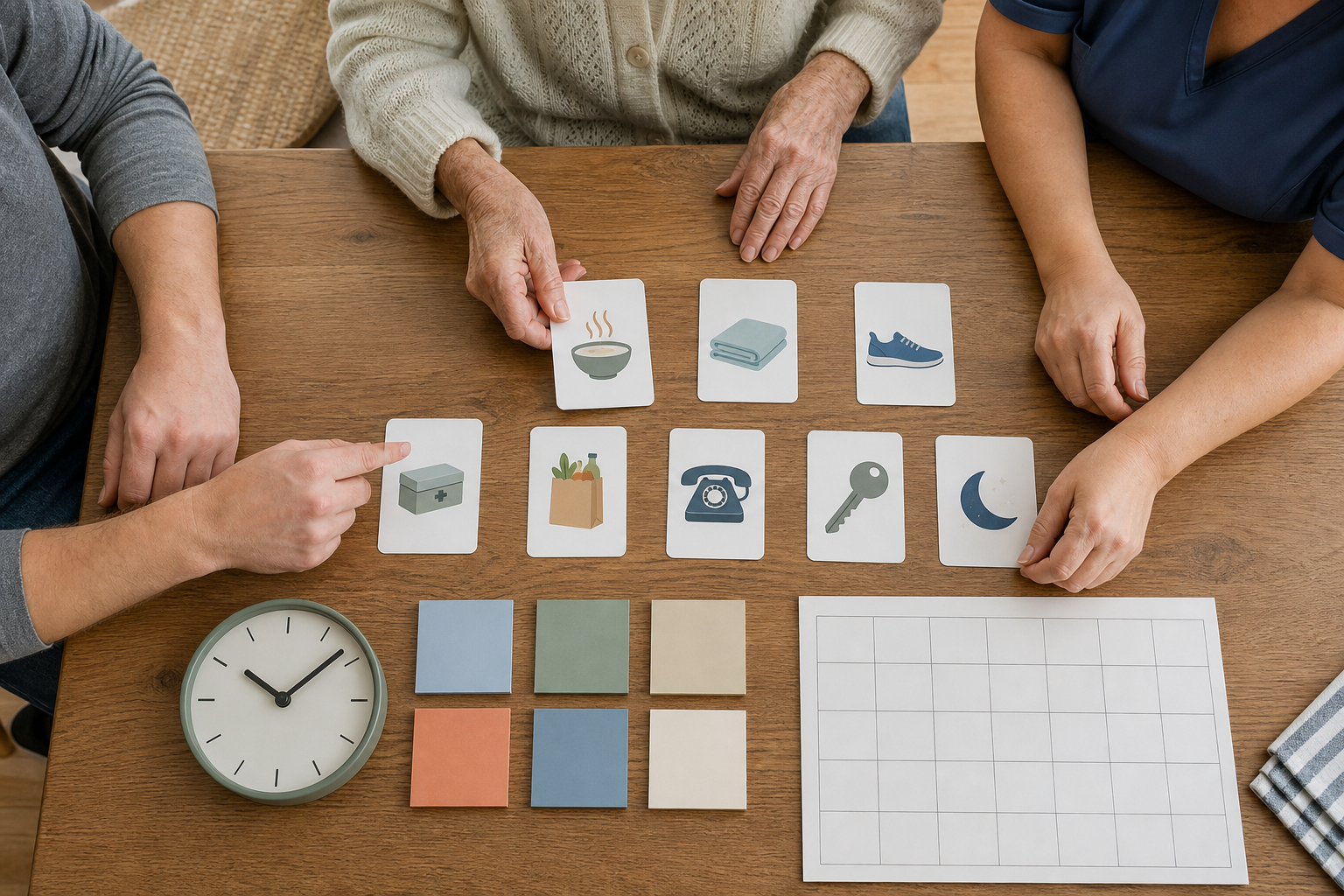 Three people arrange picture-based task cards, a clock, and blank time blocks to create a detailed home-care plan.