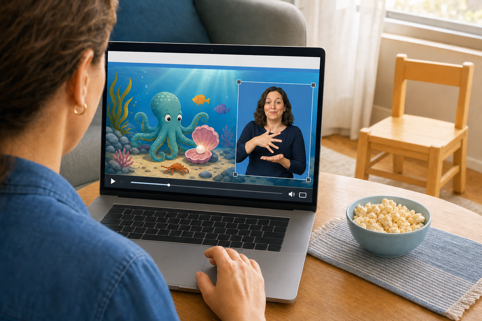 An adult uses a laptop to resize and position an ASL interpreter window before a child begins watching.