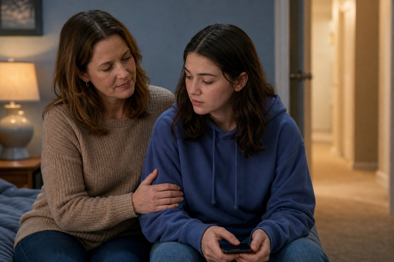 A concerned parent listens closely to a distressed teenager holding a phone face down in a private room.