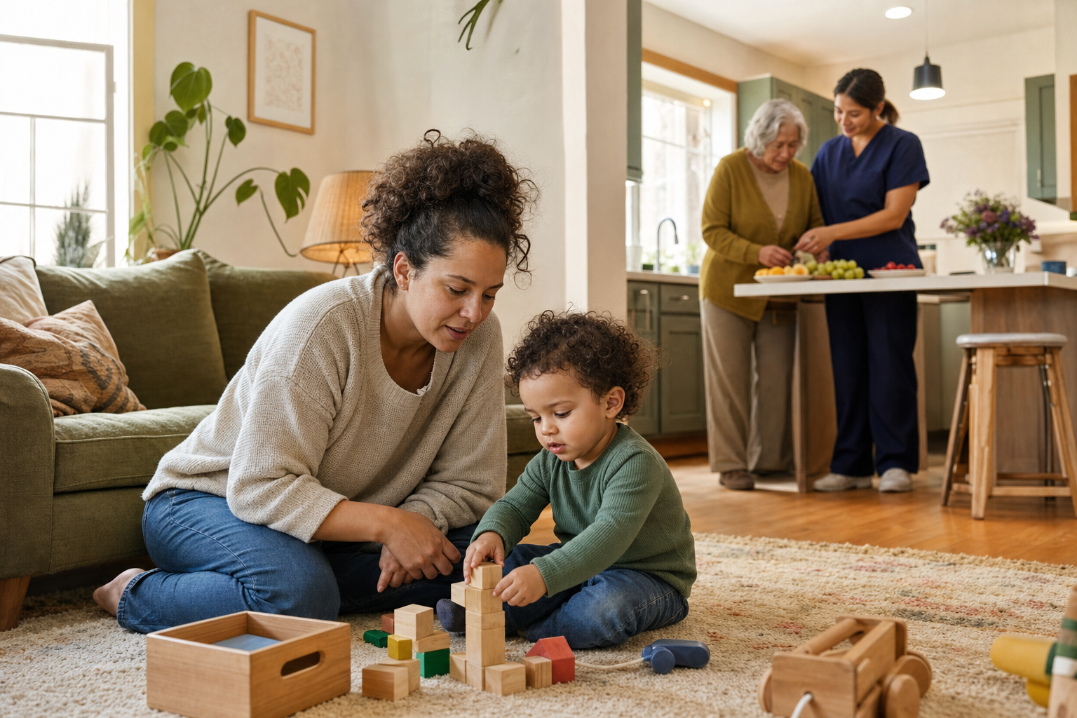A parent plays with a toddler while a home-care worker and an older woman prepare a snack together in the nearby kitchen.