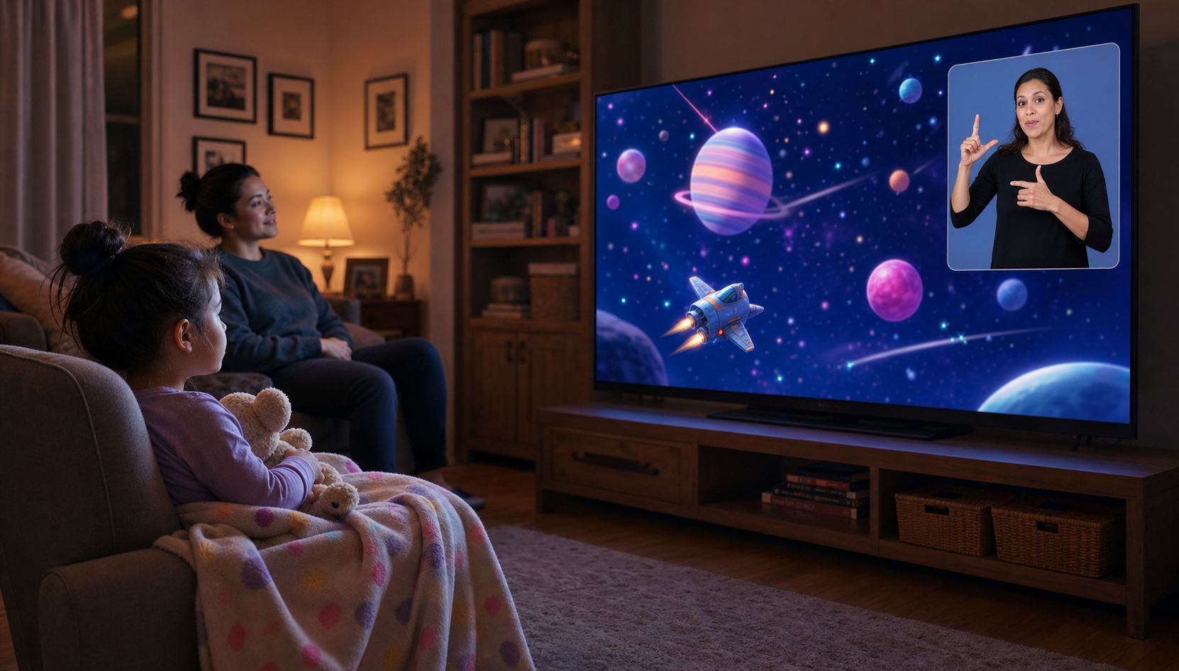 A child watches a familiar family program with a clearly visible ASL interpreter window while a parent sits nearby.