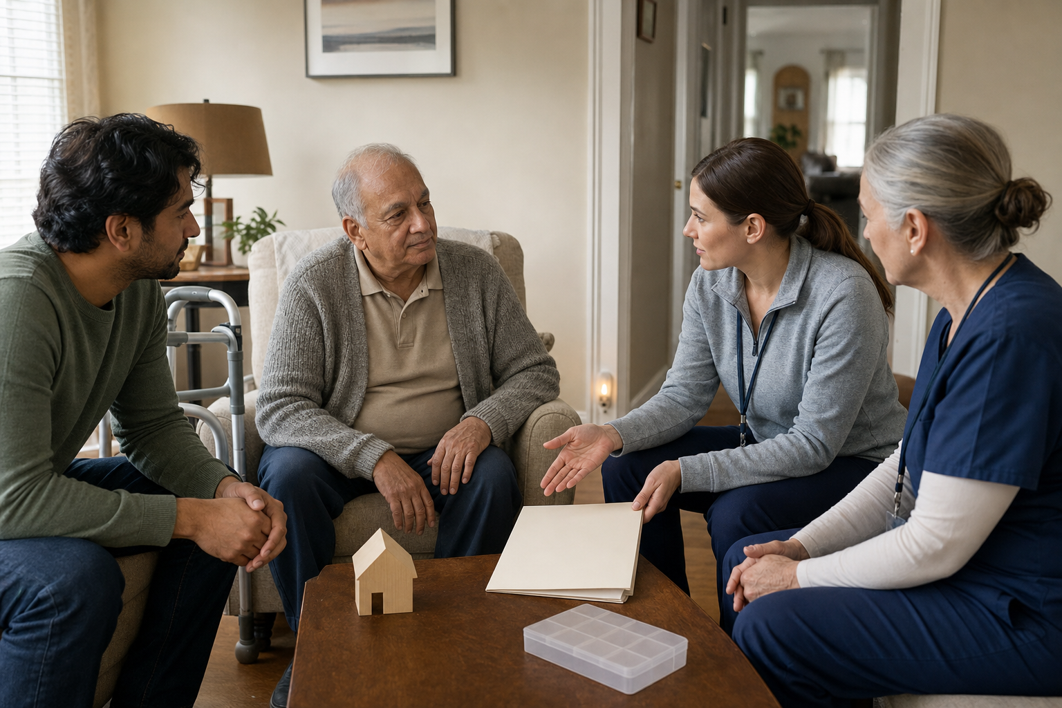 An older man, his adult son, a home-care worker, and a community nurse discuss changing care needs in a living room.
