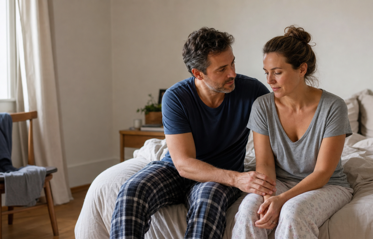 An adult couple sits close together on the edge of a bed, one reaching for the other's hand while they share a thoughtful moment.