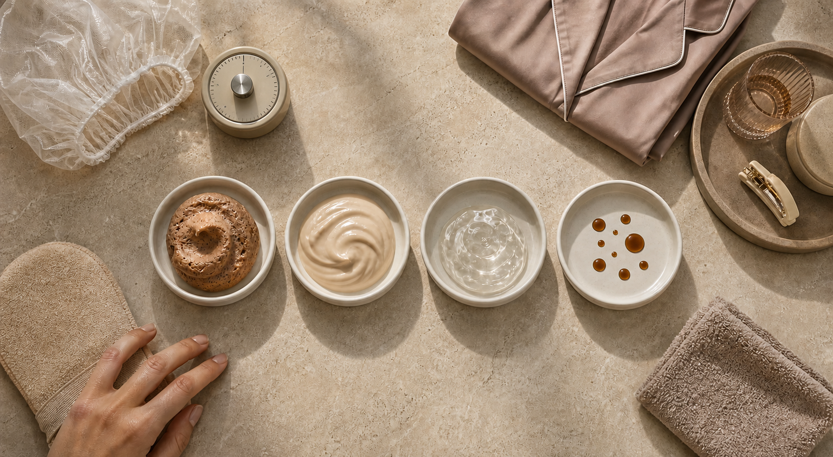 Four unbranded self-tanning formats, including mousse, lotion, gel and drops, are arranged with application tools and time-related objects on a stone surface.