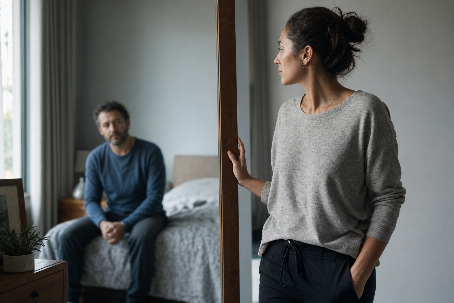 An adult stands beside a mirror and looks toward their seated partner in the softly blurred background.