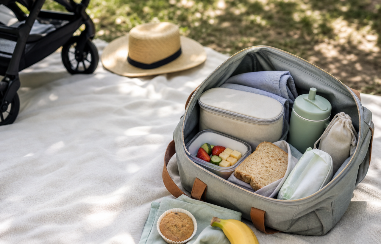 An open summer outing bag holds toddler finger foods, a water cup, a caregiver sandwich, fruit, a backup snack, wipes and an insulated pouch on a picnic blanket.