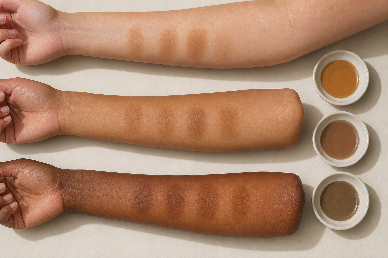 Three adult forearms with varied skin tones show small self-tanner test patches ranging from cool olive-brown to neutral bronze and warm golden-brown.