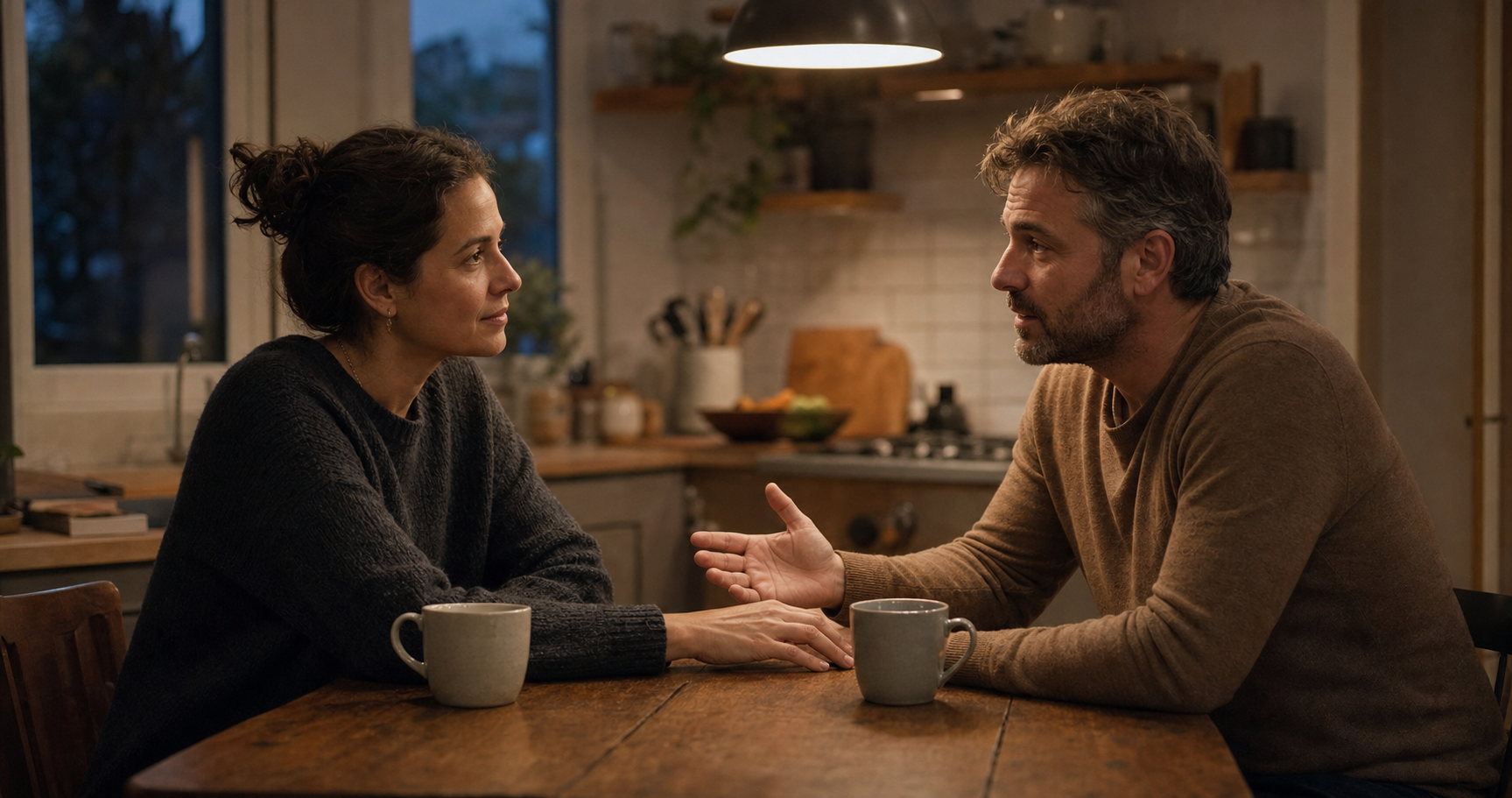 An adult couple faces each other across a kitchen table during a calm conversation, with two mugs between them.