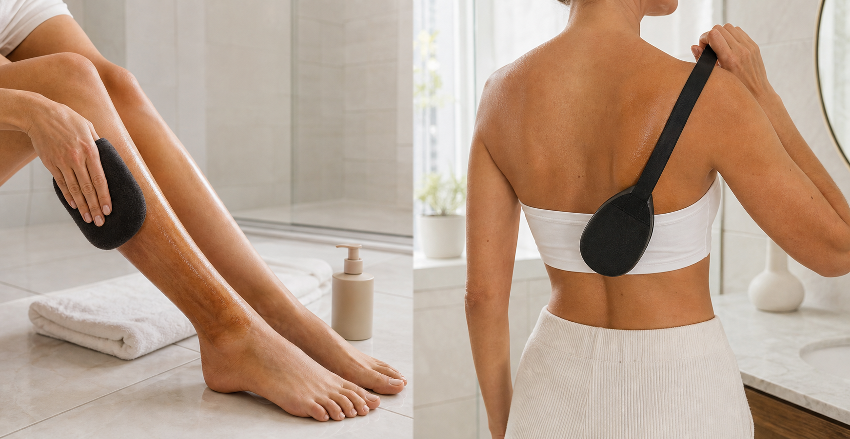 An adult blends self-tanner on a lower leg with a mitt and uses a long-handled applicator to reach the upper back.