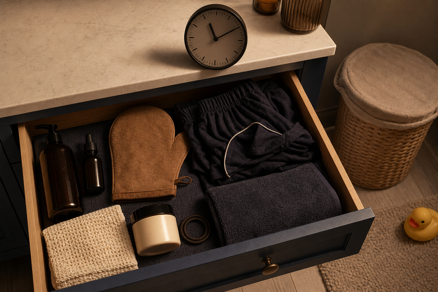 A compact self-tanning kit with a mitt, moisturizer, dark sleepwear and a towel is prepared in a bathroom drawer beside an analog clock and laundry basket.