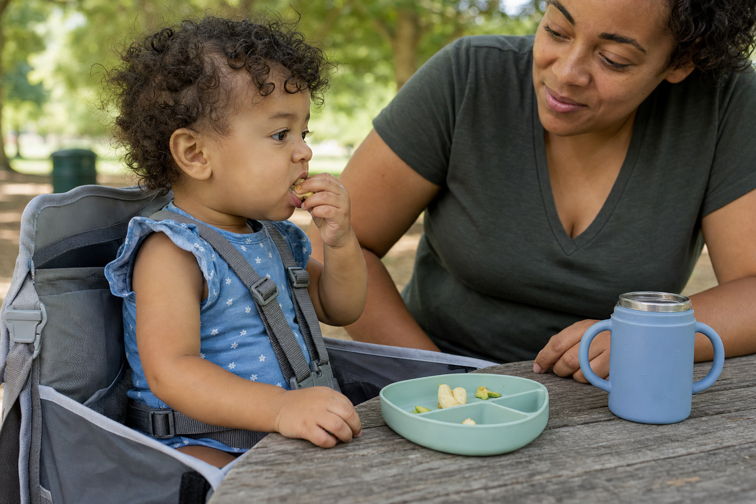 A toddler sits upright in a portable high chair and eats familiar soft finger foods while a caregiver supervises at a shaded park table.