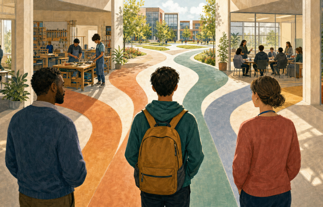 A secondary-school student considers several routes through exam, workshop, seminar, and supported learning spaces while a parent and teacher stand nearby.