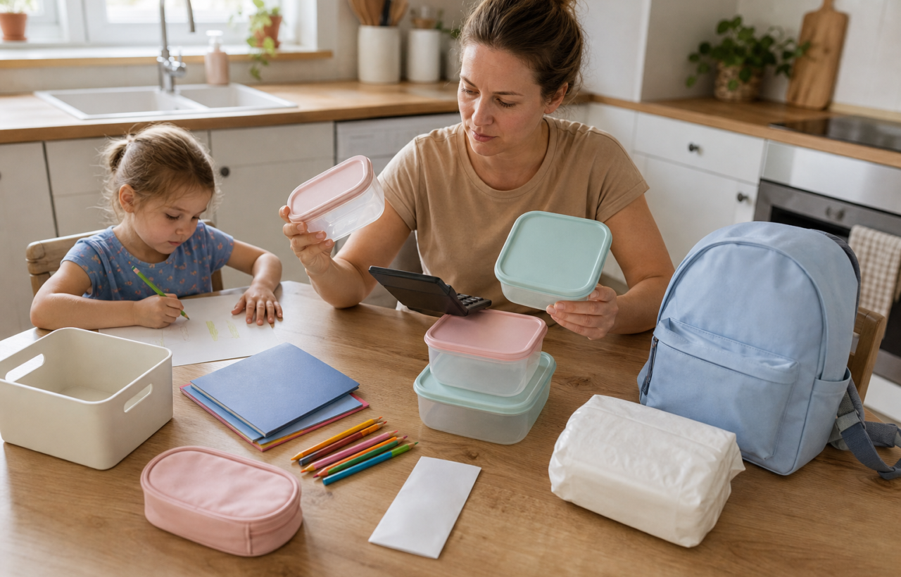A parent compares household and back-to-school items at a kitchen table beside plain school supplies, food containers and diapers.