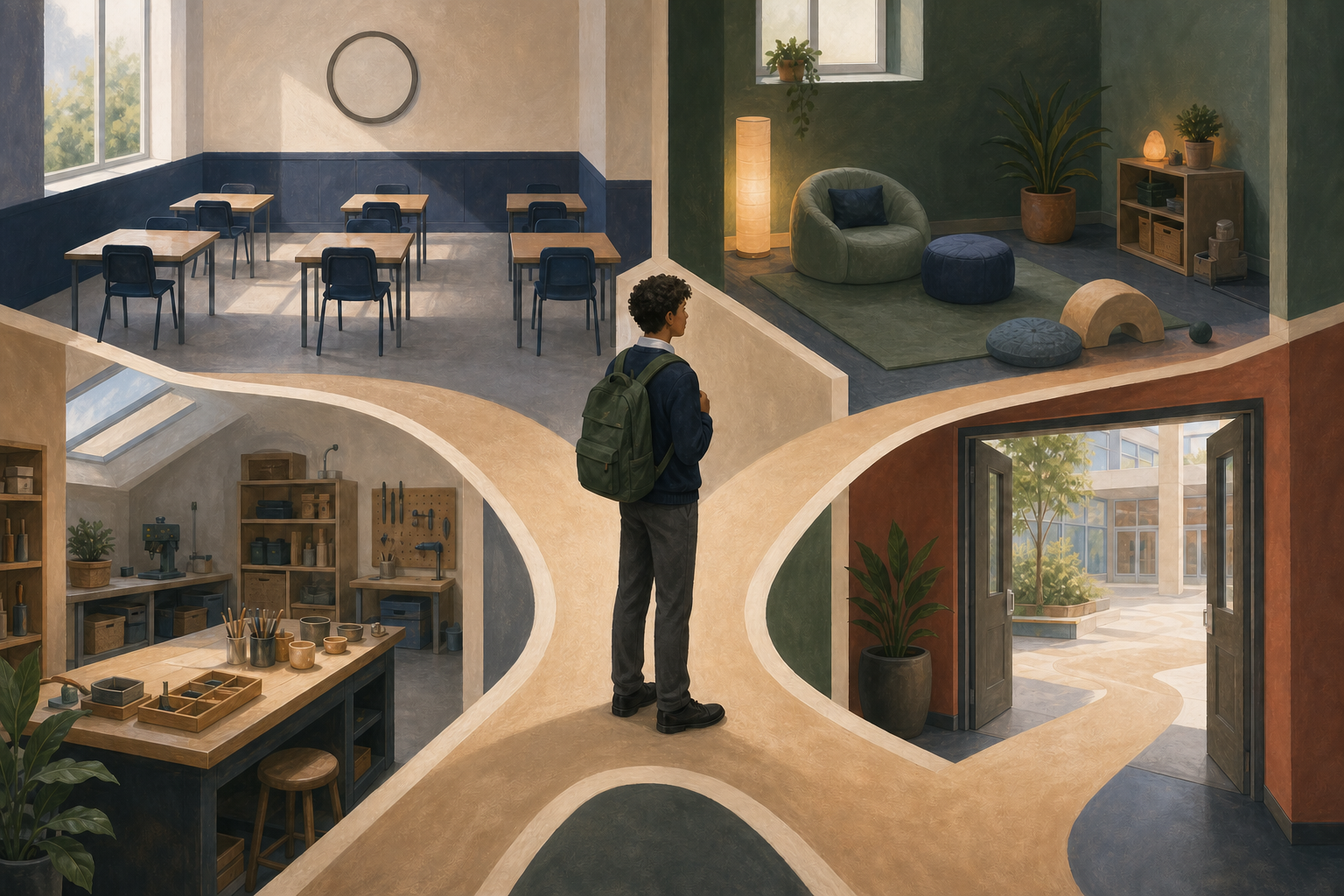 A student stands between four connected spaces: an exam room, a quiet support room, a practical studio, and a doorway toward further education.