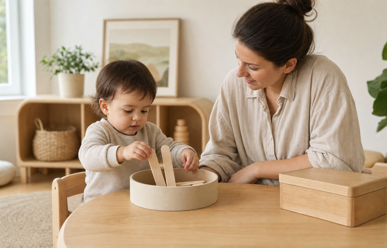 A caregiver supervises a toddler placing smooth wooden craft sticks into a stable container at a low table.