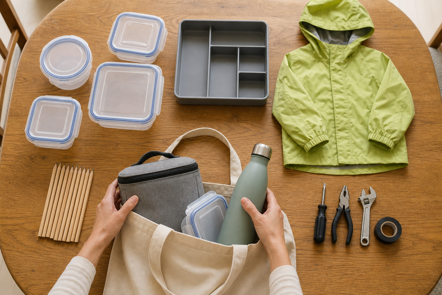 Household storage, children's gear and school supplies are grouped on a table while a parent selects a few items for a shopping bag.