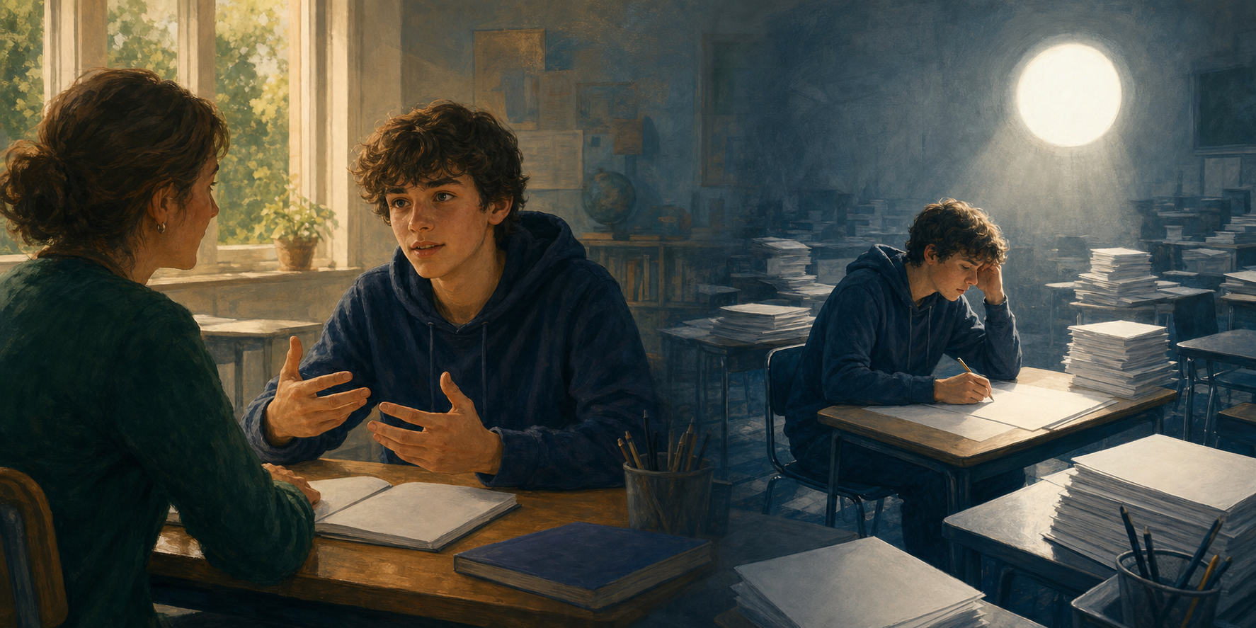 A teenager discusses an idea confidently with a teacher in one part of a classroom but appears overwhelmed at an exam desk in another.