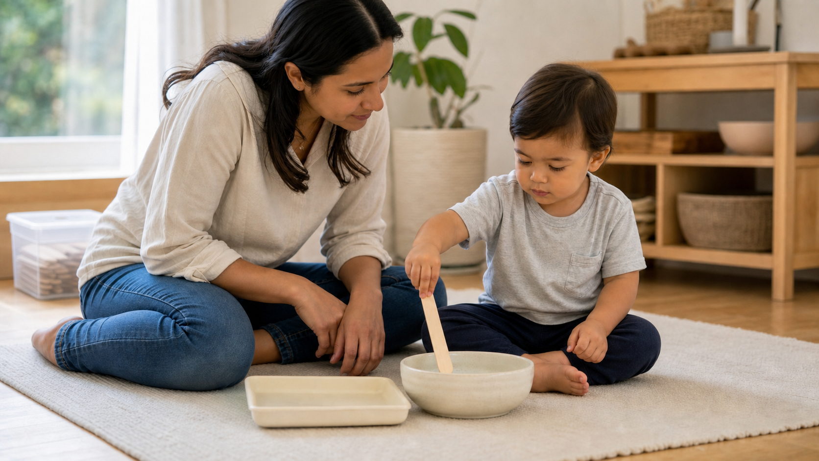 A closely supervised toddler transfers one smooth craft stick from a tray to a bowl while extra sticks remain out of reach.