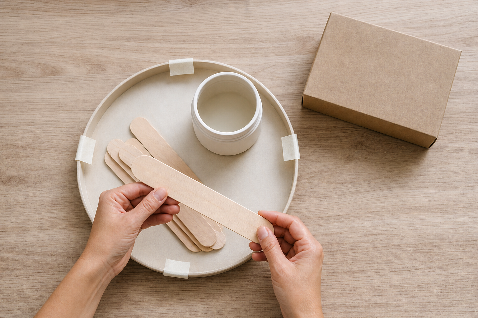 Adult hands inspect a smooth craft stick beside a prepared tray, stable container, tape strips, and closed supply box.