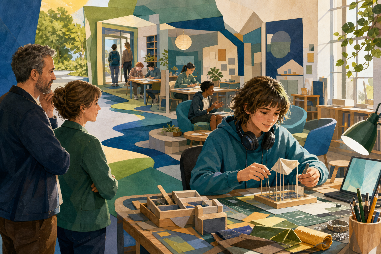 A student enters a college studio while a sequence of learning and support spaces traces the route back toward school.