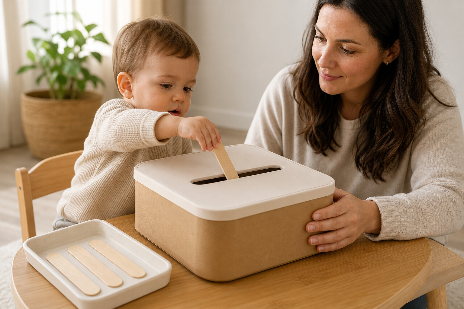 A caregiver steadies a wide-slot activity box as a toddler posts a smooth wooden craft stick through the lid.
