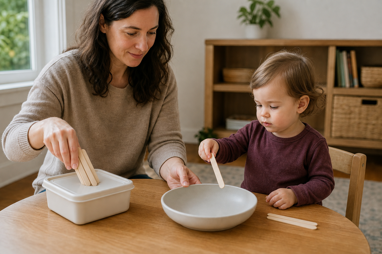 A caregiver reduces the number of craft sticks and swaps a narrow container for a broad bowl while a toddler waits at the table.