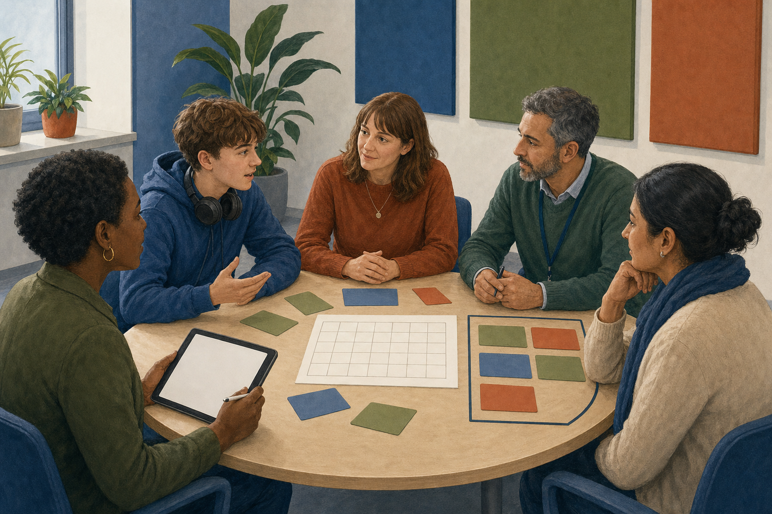 A student, parent, teacher, support coordinator, and careers adviser agree actions around a round table in a calm meeting room.