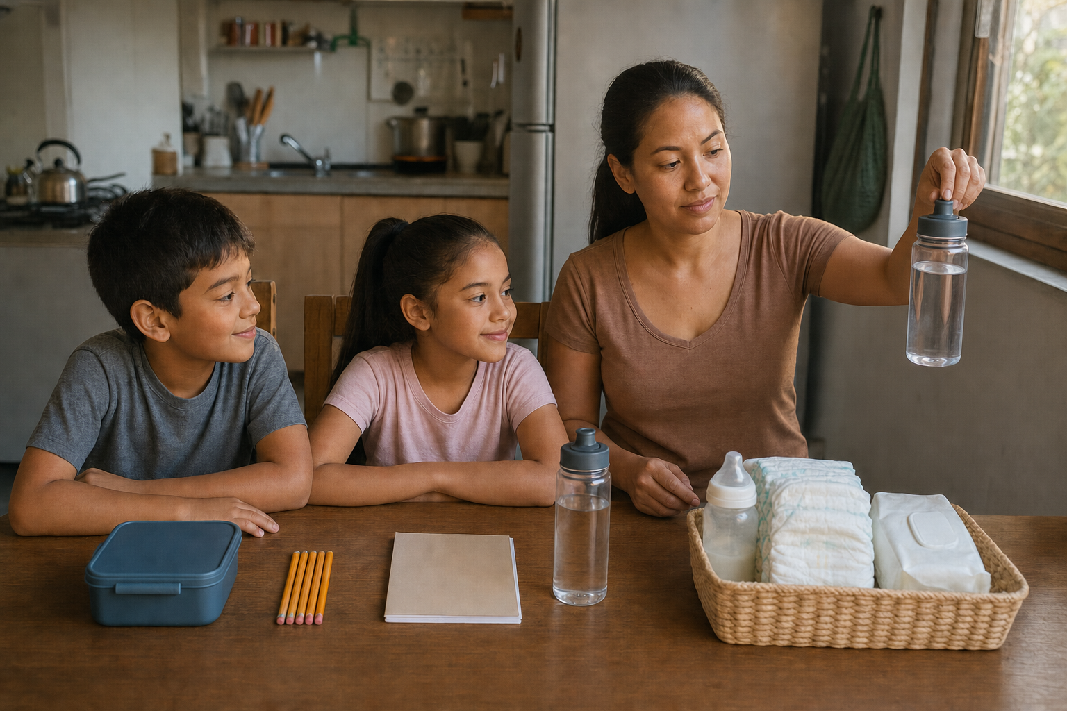 A parent sorts school essentials for two siblings while keeping diapers and other baby supplies in a separate basket.
