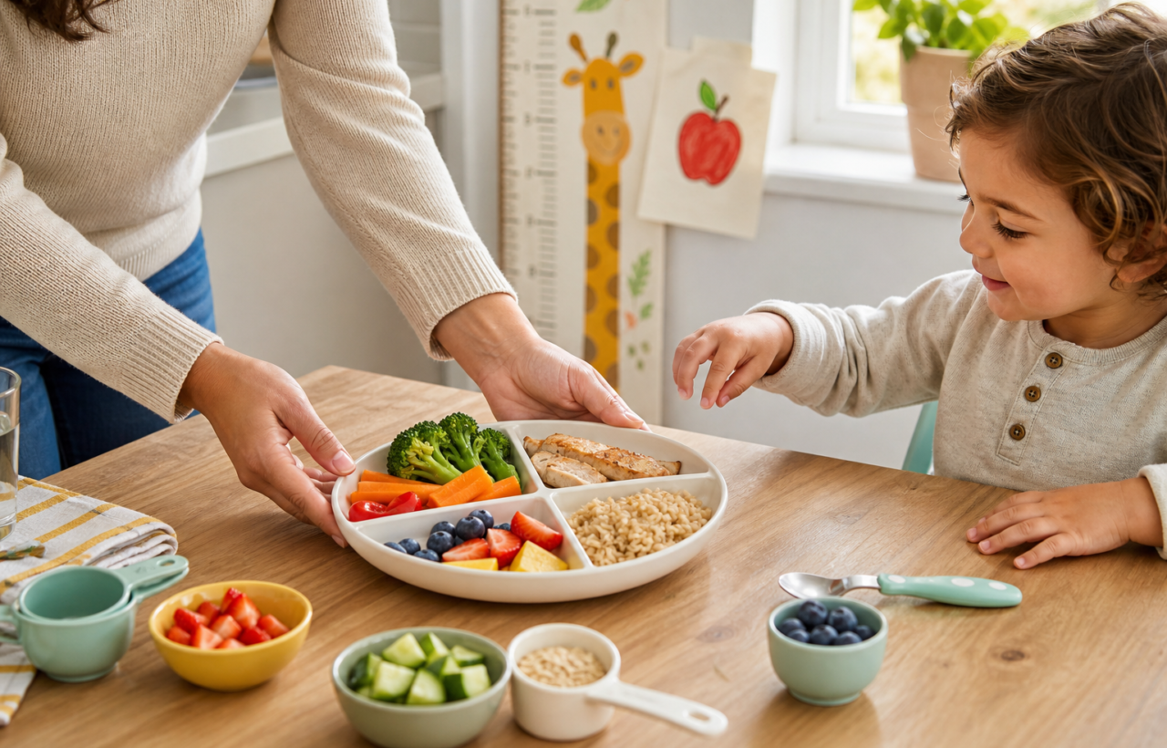 Parent serving a balanced divided plate of vegetables, fruit, grains, and protein to a young child