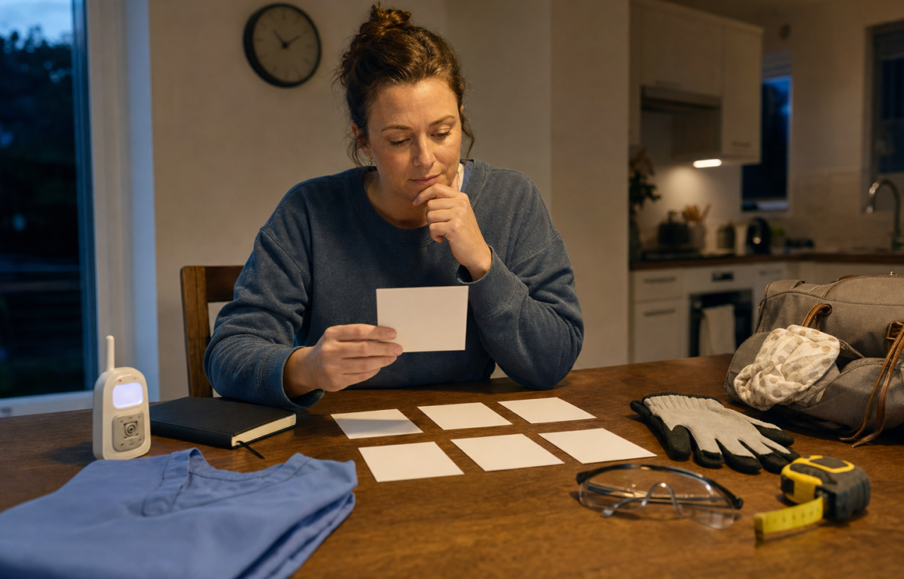 A parent reviews blank job materials at a kitchen table beside a baby monitor, childcare bag and objects associated with several occupations.