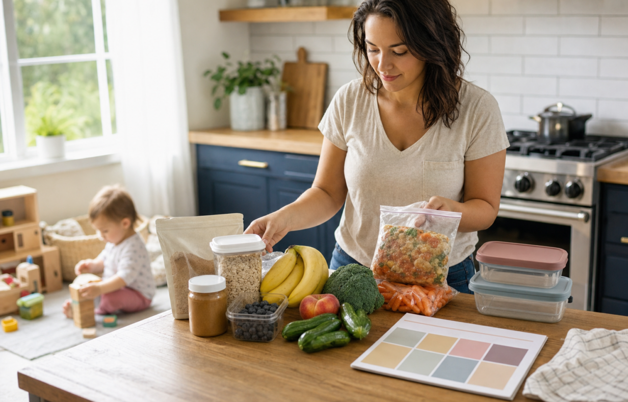 A parent sorts breakfast foods, snacks, produce, and a freezer meal on a kitchen island while a toddler plays in the background.
