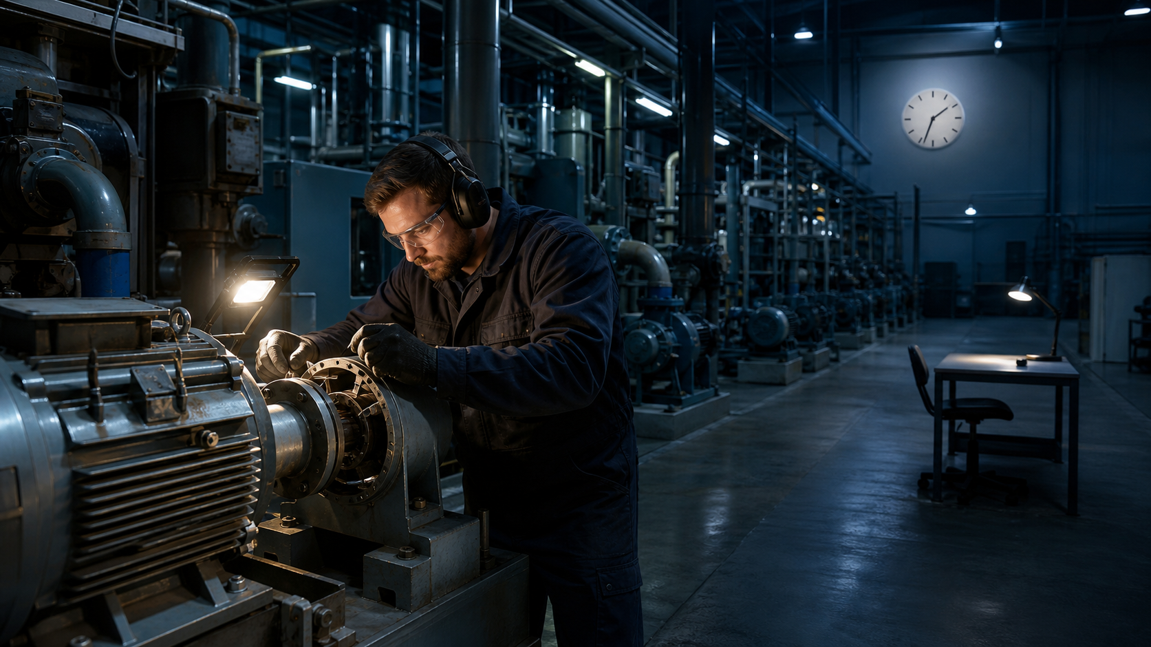 A maintenance technician inspects industrial machinery alone during a quiet overnight shift.