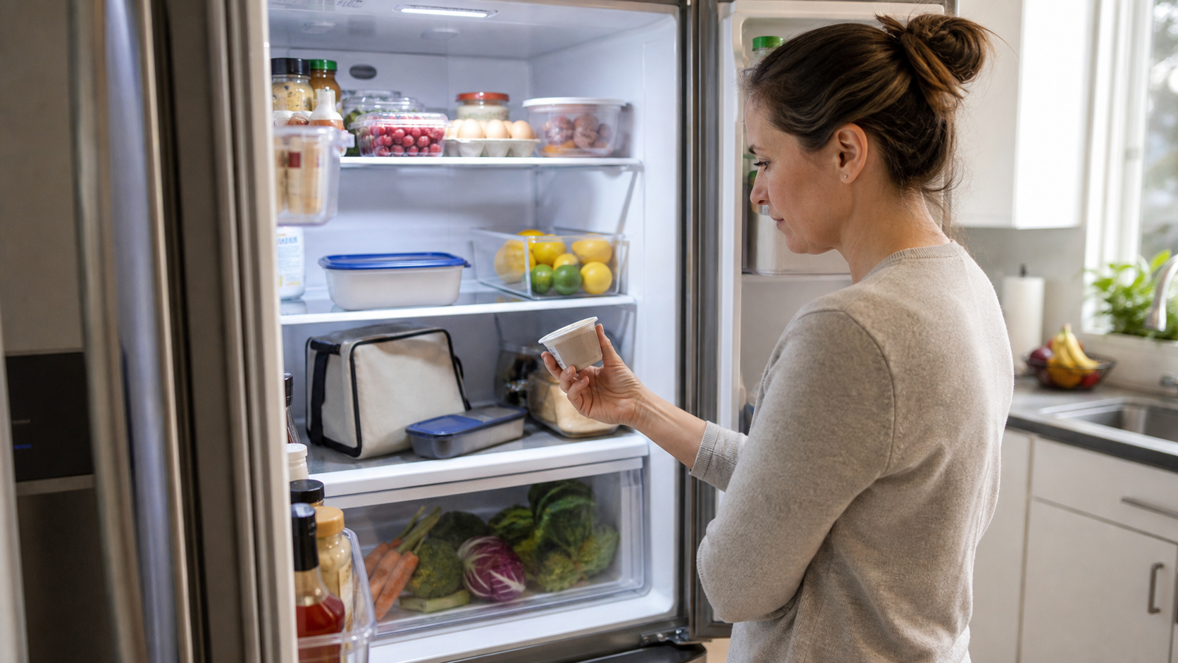 A parent examines a partly stocked refrigerator with an empty shelf, a lunch container, and a few wilted vegetables in the produce drawer.