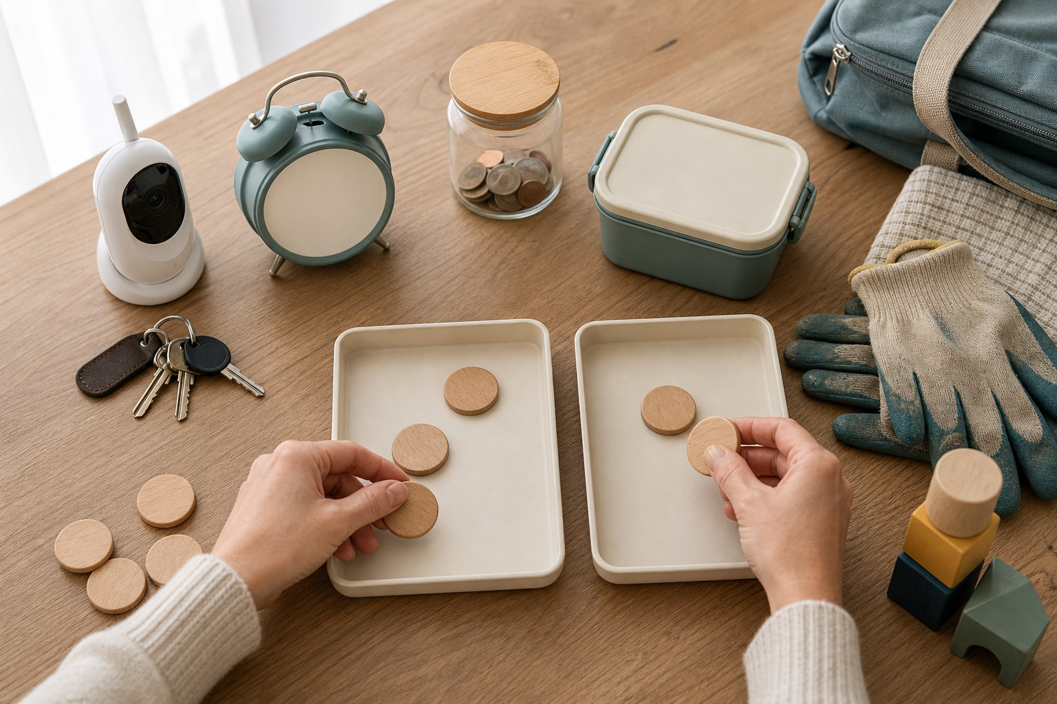 A parent's hands sort wooden tokens beside a baby monitor, clock, keys, work gloves and childcare items on a kitchen table.