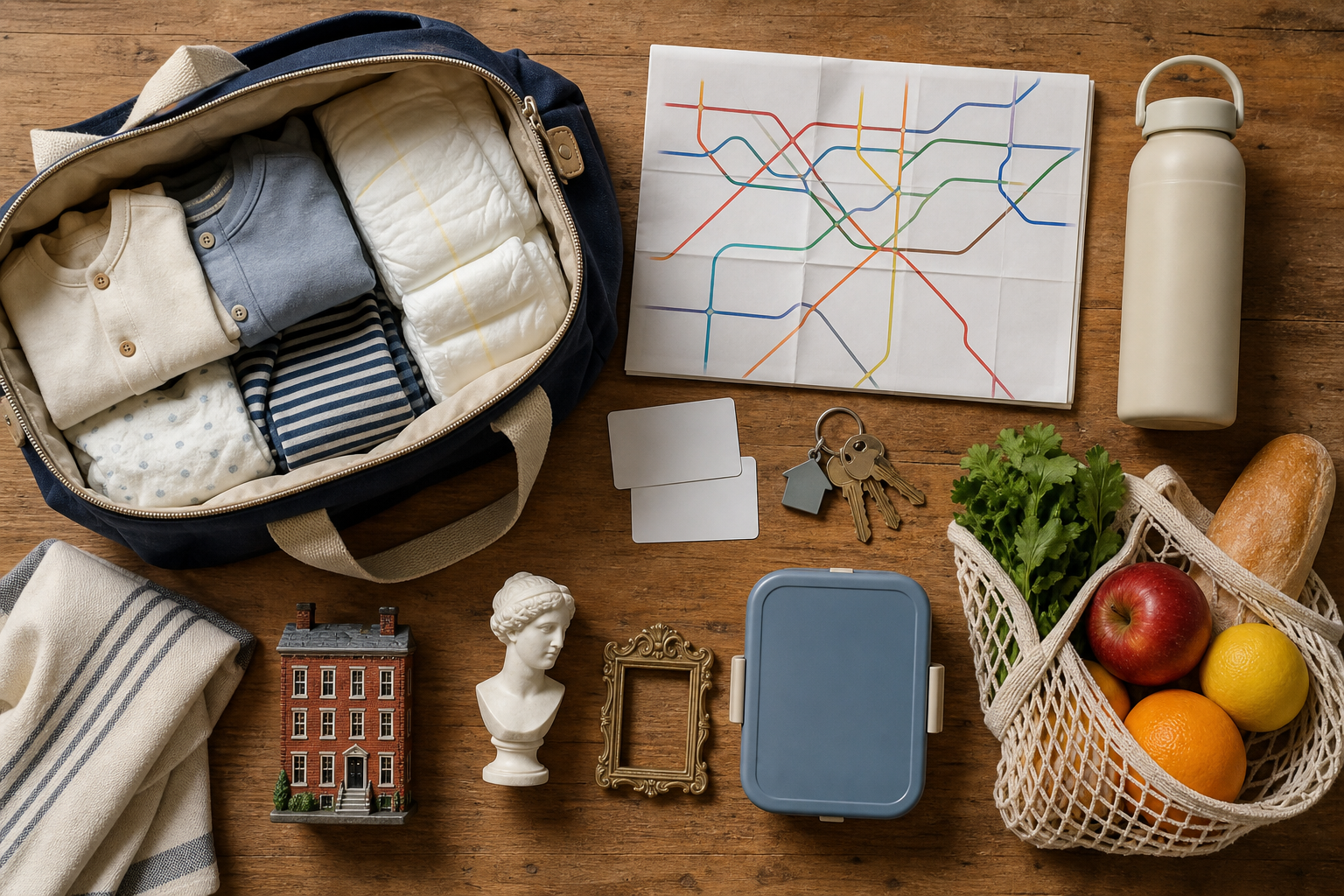 Baby supplies, groceries, blank transit cards, keys, a reusable bottle, and activity tokens are arranged together around a compact family travel bag.