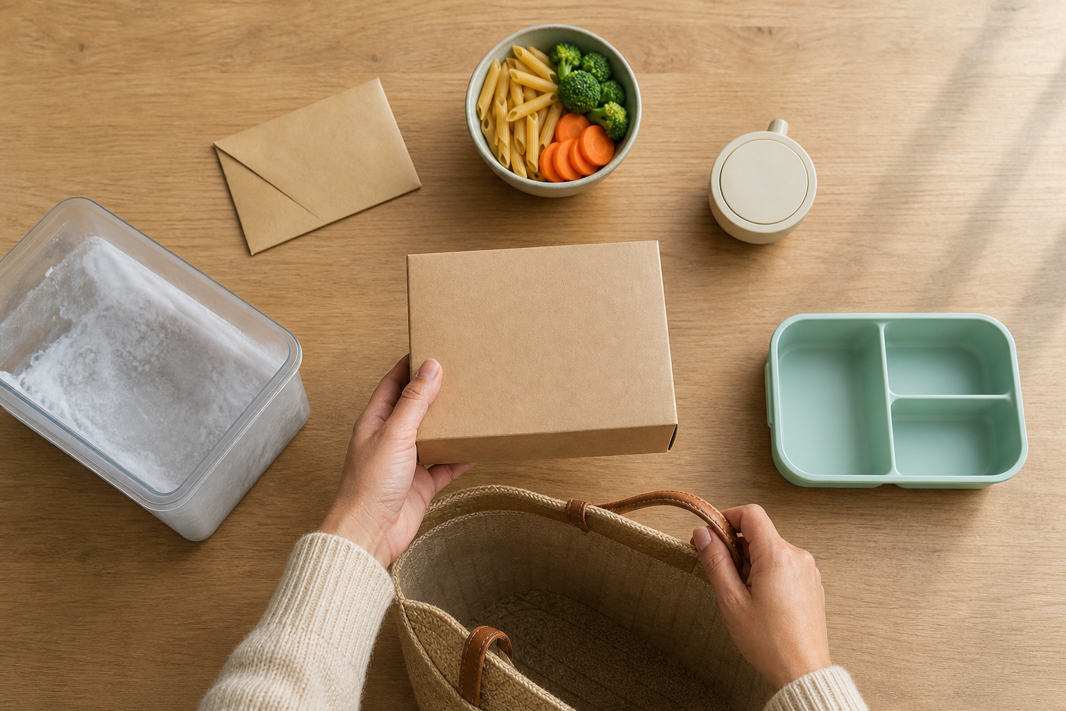 An unbranded convenience food sits among a budget envelope, ingredients, a kitchen timer, a child-sized container, and a freezer bin as a parent evaluates it.
