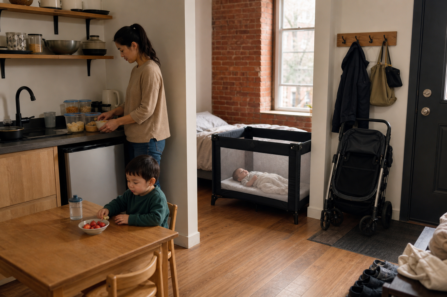 A parent prepares breakfast in a small kitchenette while a toddler eats fruit and a baby rests in a portable crib nearby.