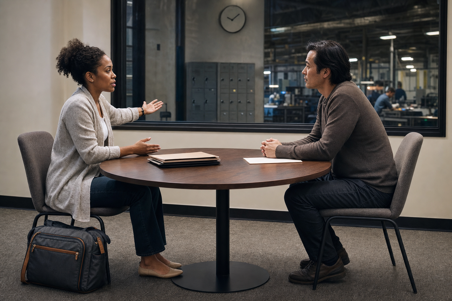 A parent speaks with a hiring manager in a meeting room overlooking a workplace and its shift facilities.