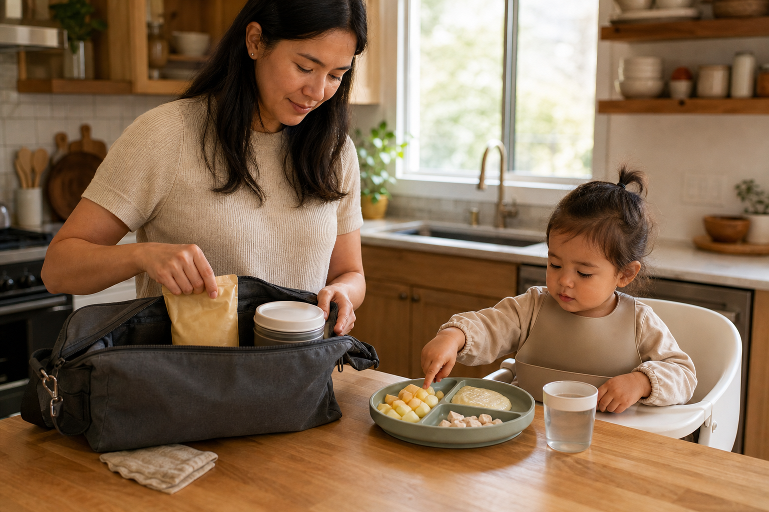 A parent packs a portable snack for themselves while preparing small pieces of soft fruit and a modest meal for a toddler in a high chair.