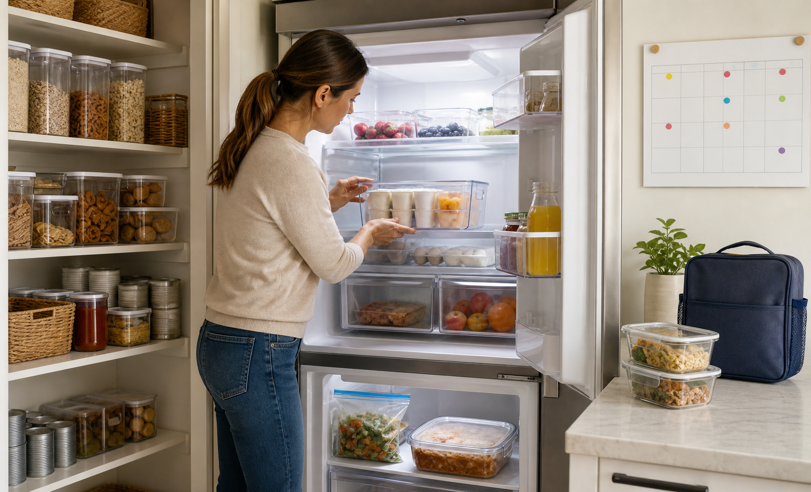 A parent organizes breakfast portions, snacks, and a backup meal into refrigerator, pantry, and freezer storage beside a child's lunch bag.