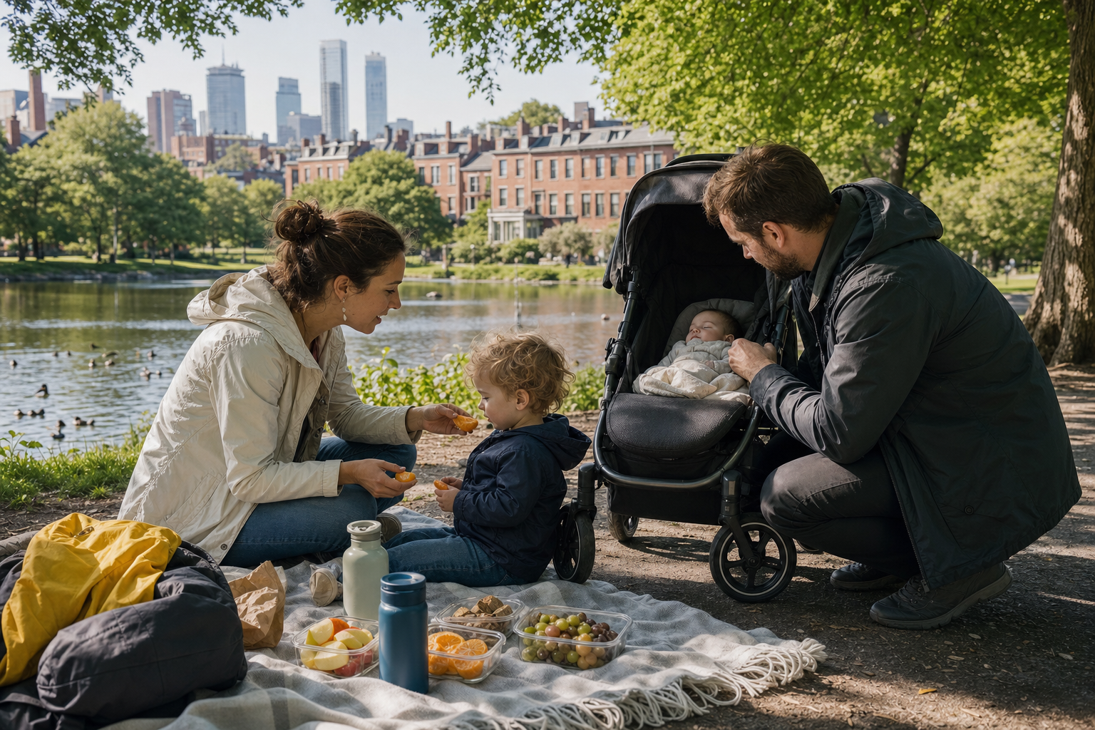Parents take a park break with a toddler, a sleeping baby in a stroller, packed snacks, water bottles, and rain layers.