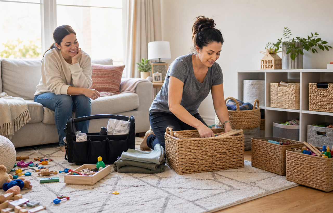 A parent sorts toys and art supplies into baskets in a family playroom while the homeowner watches nearby.