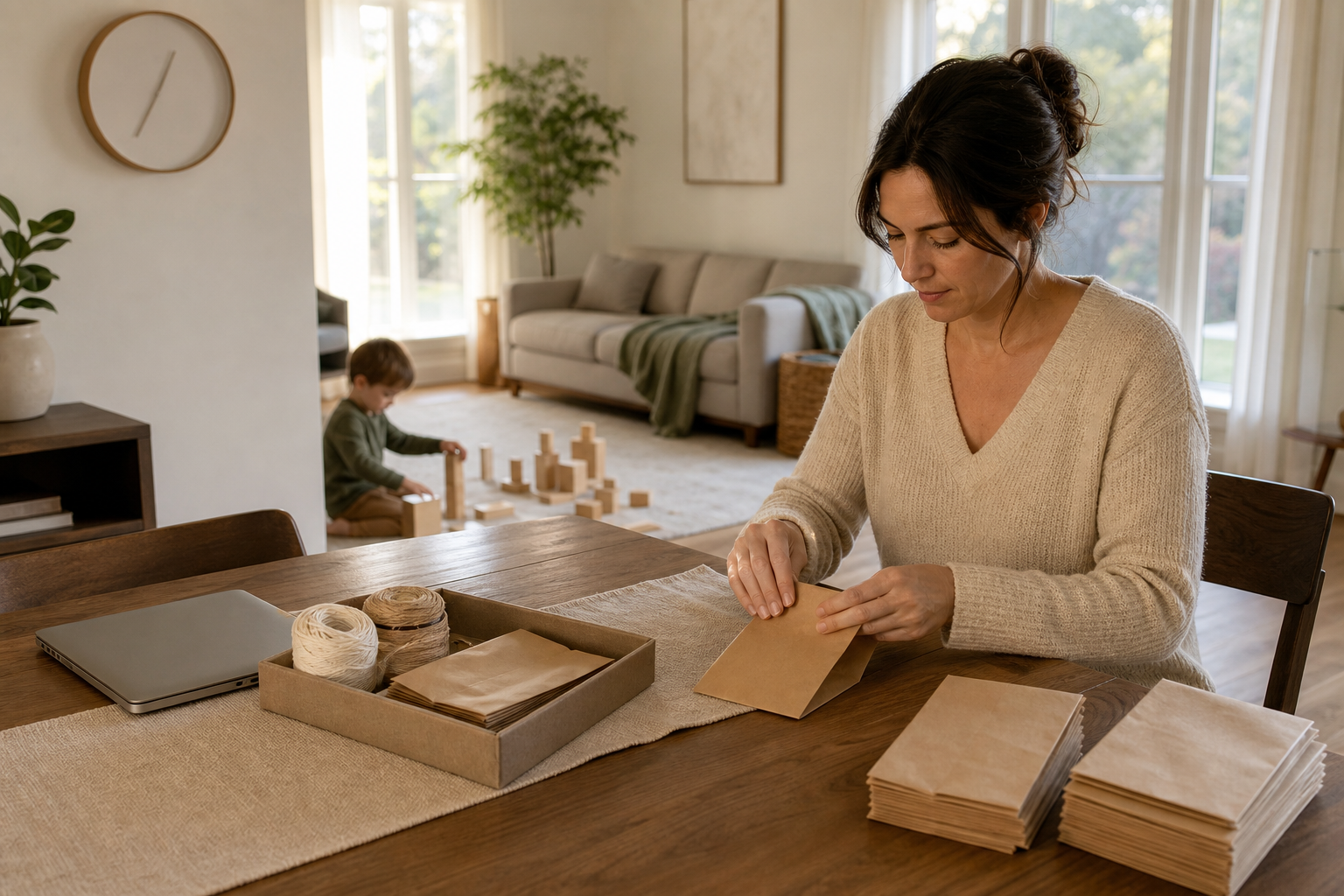 A parent assembles plain party favor bags at a dining table while a child plays with blocks nearby.