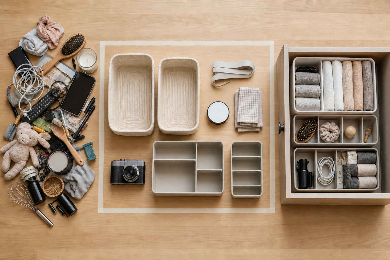 An overhead view of an organizing kit beside a cluttered group of household items and a neatly arranged drawer.