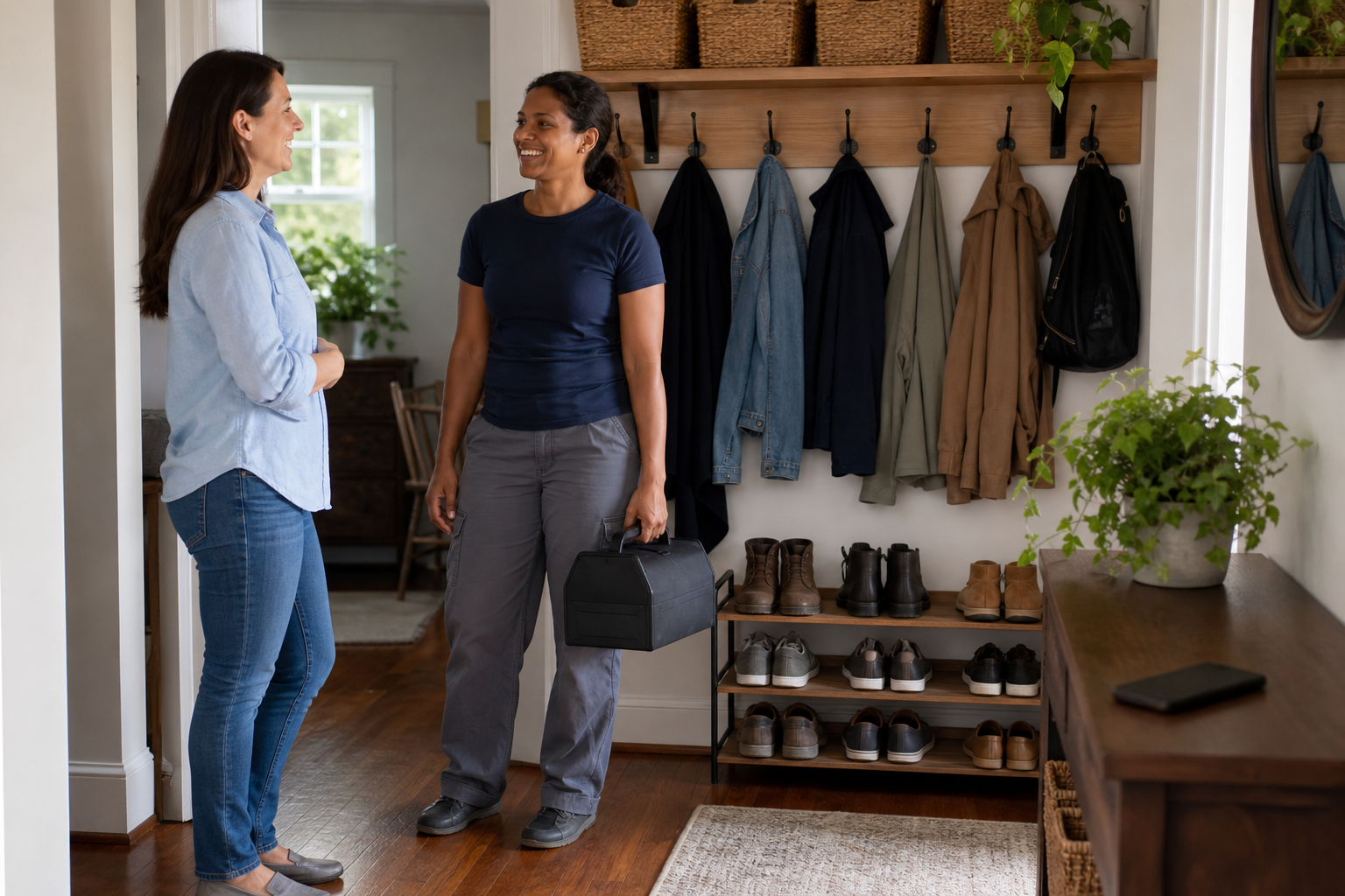 A parent and a customer look over a newly organized entryway with shoes, coats, and baskets arranged neatly.