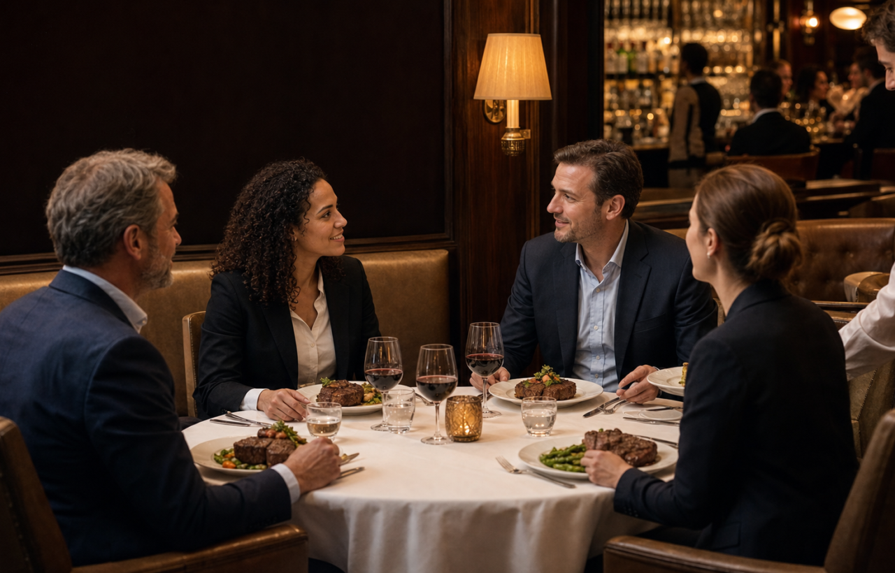 Four professionals converse around a round table during dinner in a warmly lit steakhouse while a server approaches discreetly.