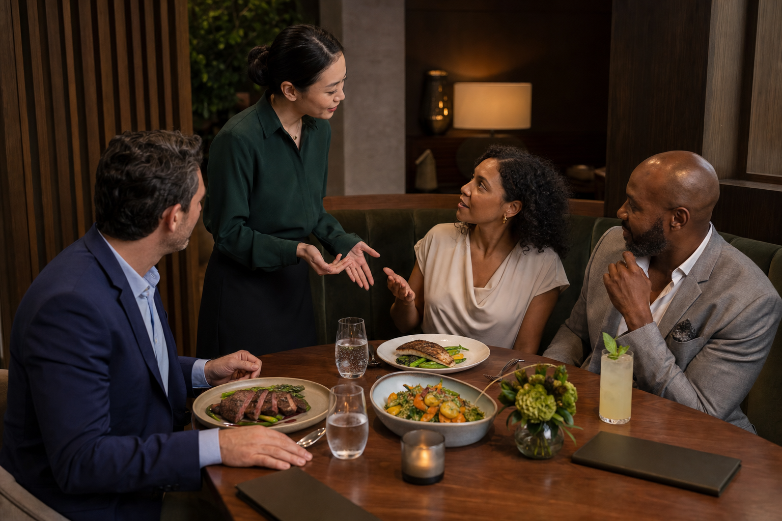 A business host listens as a guest speaks with a server at a quiet table offering steak, fish, vegetables, water, and an alcohol-free drink.