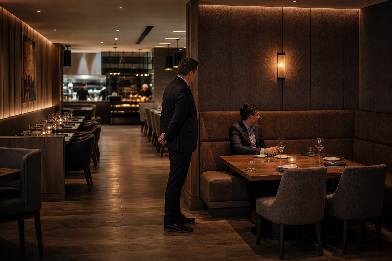 A business host evaluates a quiet corner table with a restaurant manager in a spacious steakhouse dining room before service.